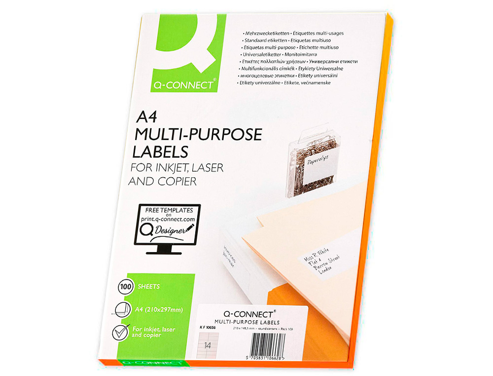 ETIQUETA ADHESIVA Q-CONNECT KF10656 TAMAÑO 105X42,3 MM FOTOCOPIADORA LASER INK-JET CAJA CON 100 HOJAS DIN A4