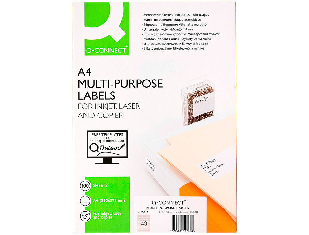 ETIQUETA ADHESIVA Q-CONNECT KF00574 -TAMAÑO 52,5X29,7 MM -FOTOCOPIADORA -LASER -INK-JET-CAJA CON 100 HOJAS DIN A4