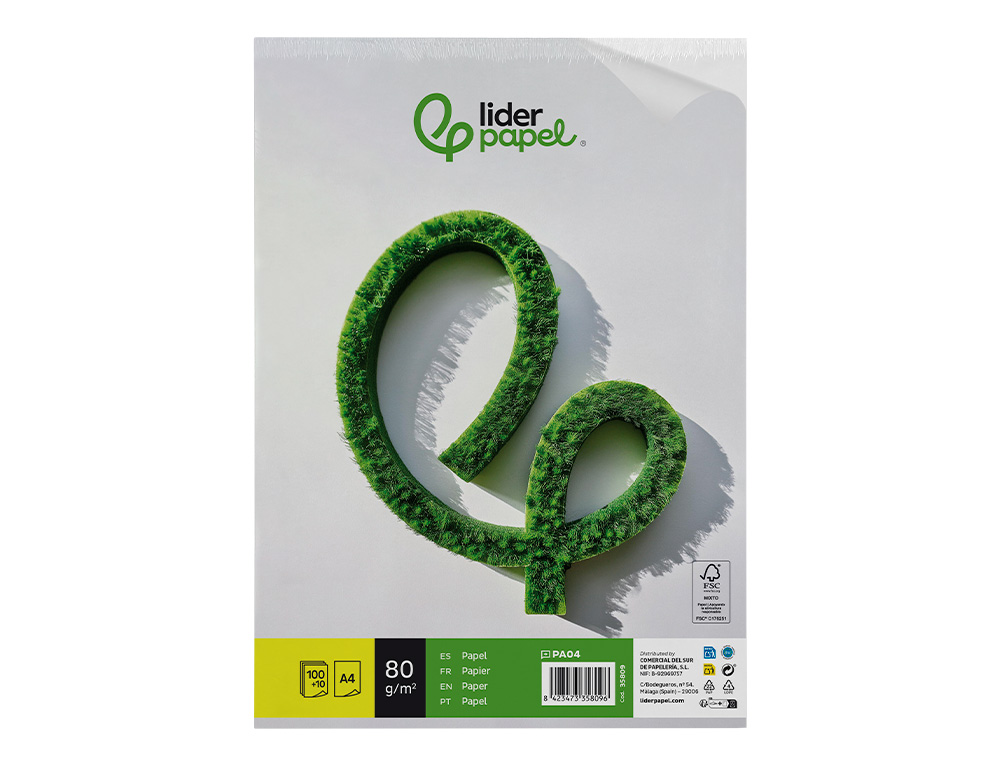 PAPEL LIDERPAPEL A4 8OG/M2 LISO PAQUETE DE 100 HOJAS + 10 HOJAS GRATIS