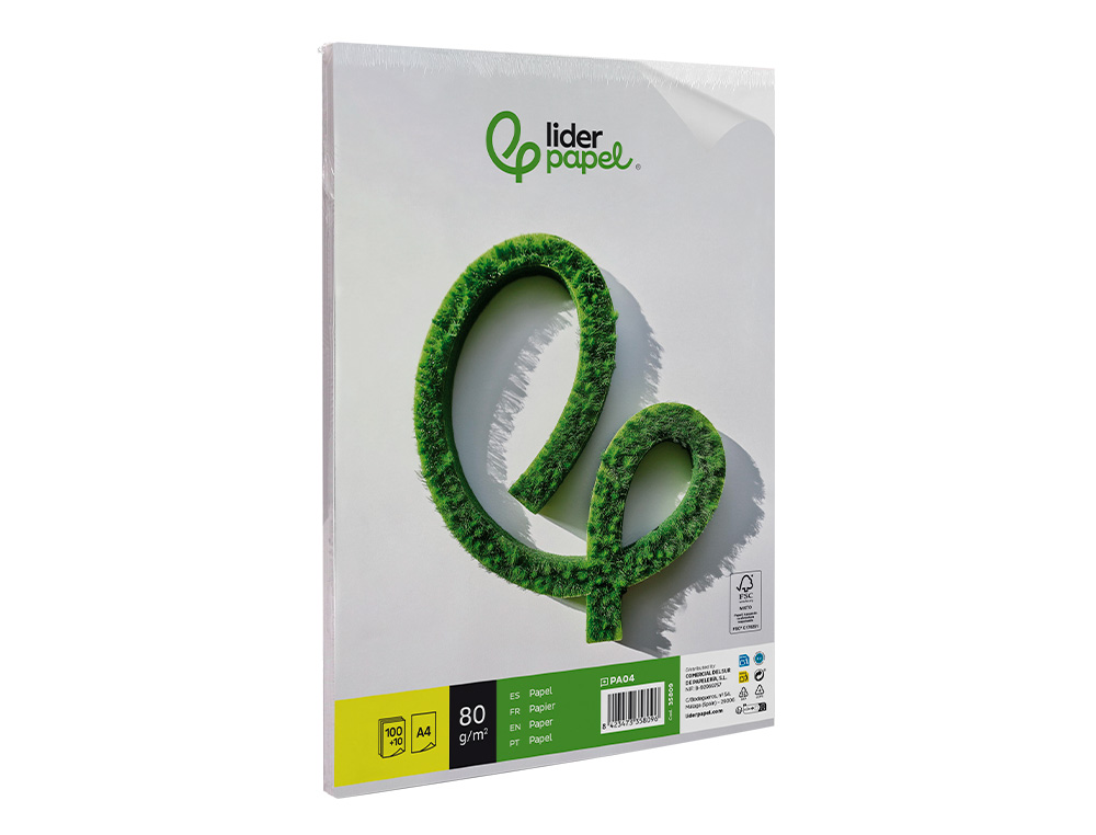 PAPEL LIDERPAPEL A4 8OG/M2 LISO PAQUETE DE 100 HOJAS + 10 HOJAS GRATIS