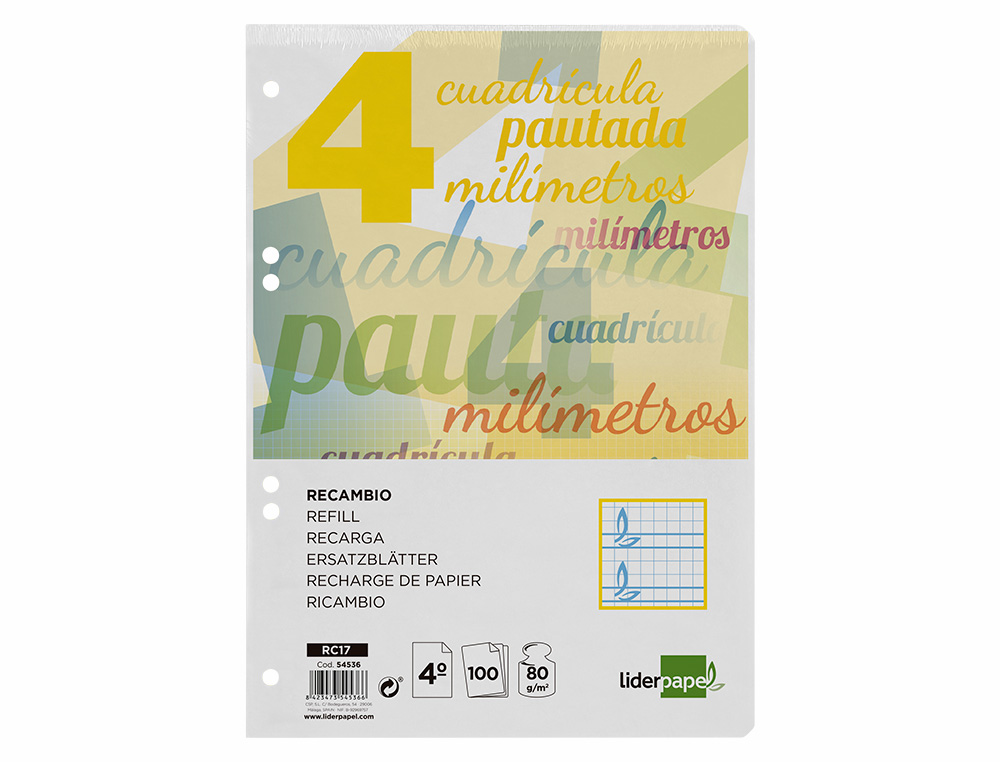 RECAMBIO LIDERPAPEL CUARTO PAUTAGUIA 100 HOJAS 75 G CUADRICULADO PAUTADO 4MM CON MARGEN 6 TALADROS