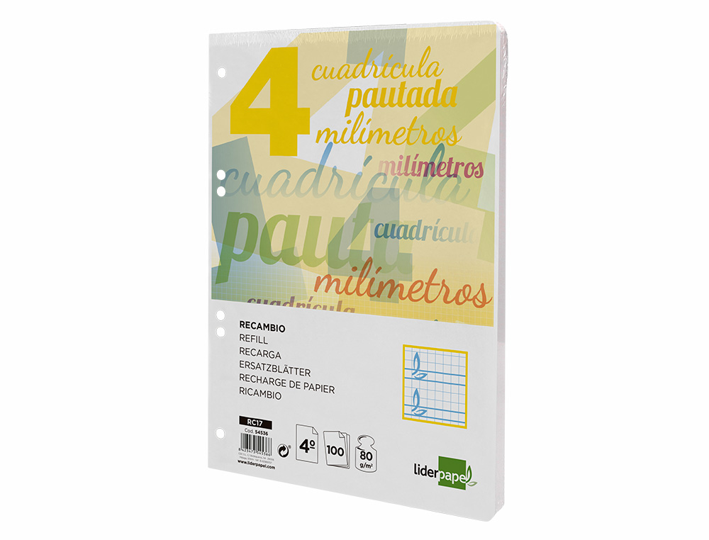 RECAMBIO LIDERPAPEL CUARTO PAUTAGUIA 100 HOJAS 75 G CUADRICULADO PAUTADO 4MM CON MARGEN 6 TALADROS