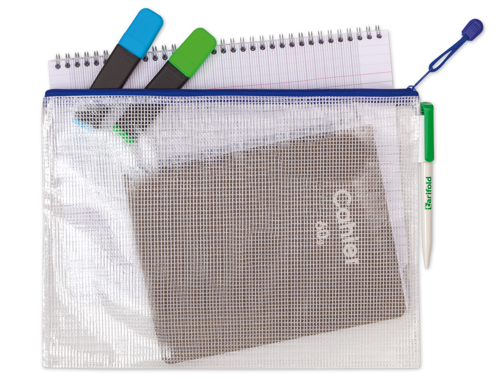 BOLSA MULTIUSOS DJOIS PVC DIN A4 APERTURA SUPERIOR CON CREMALLERA PORTABOLIGRAFO Y CORREA AZUL
