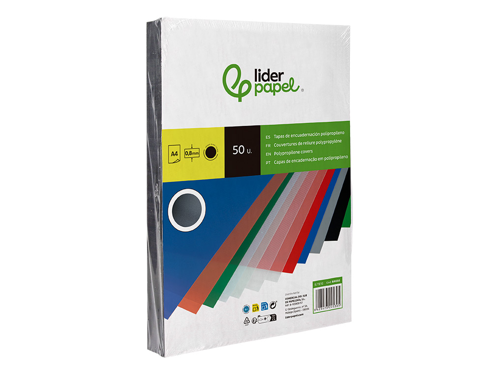 TAPA ENCUADERNACION LIDERPAPEL POLIPROPILENO A4 0.8MM NEGRO OPACO PAQUETE DE 50 UNIDADES