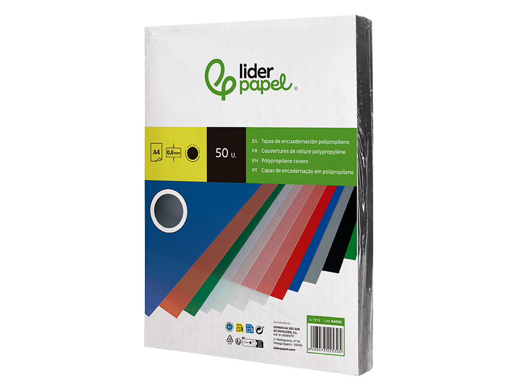 TAPA ENCUADERNACION LIDERPAPEL POLIPROPILENO A4 0.8MM NEGRO OPACO PAQUETE DE 50 UNIDADES