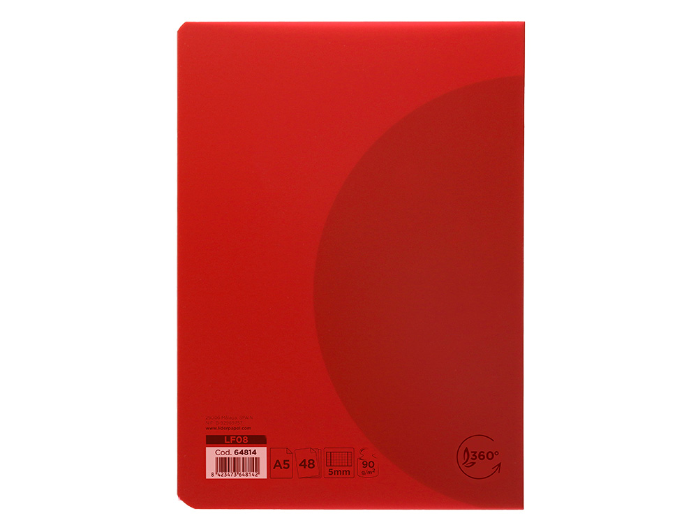 LIBRETA LIDERPAPEL 360 TAPA DE PLASTICO A5 48 HOJAS 90G/M2 5MM CON DOBLE MARGEN COLORES SURTIDOS