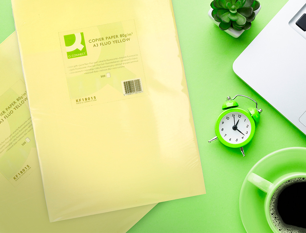 PAPEL COLOR Q-CONNECT DIN A3 80GR AMARILLO NEON PAQUETE DE 500 HOJAS