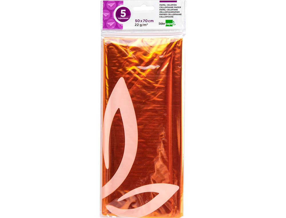 PAPEL CELOFAN LIDERPAPEL 50X70 CM 22G/M2 BOLSA DE 5 HOJAS AMARILLO
