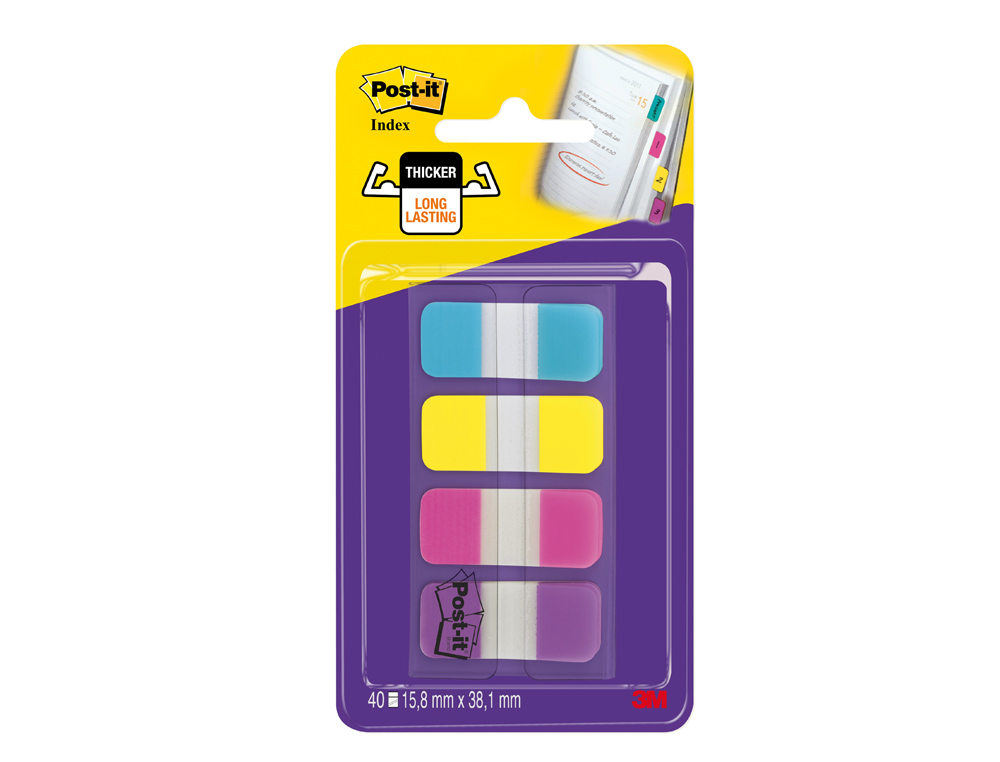 BANDERITAS SEPARADORAS RIGIDAS DISPENSADOR 4 COLORES AMARILLO AZUL ROSA Y VIOLETA POST-IT INDEX 676-AYPV-EU