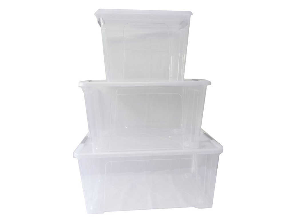 CAJA DE ALMACENAJE ARCHIVO 2000 POLIPROPILENO 32 LITROS APILABLE Y ENCAJABLE CON TAPA Y RUEDAS TRANSPARENTE