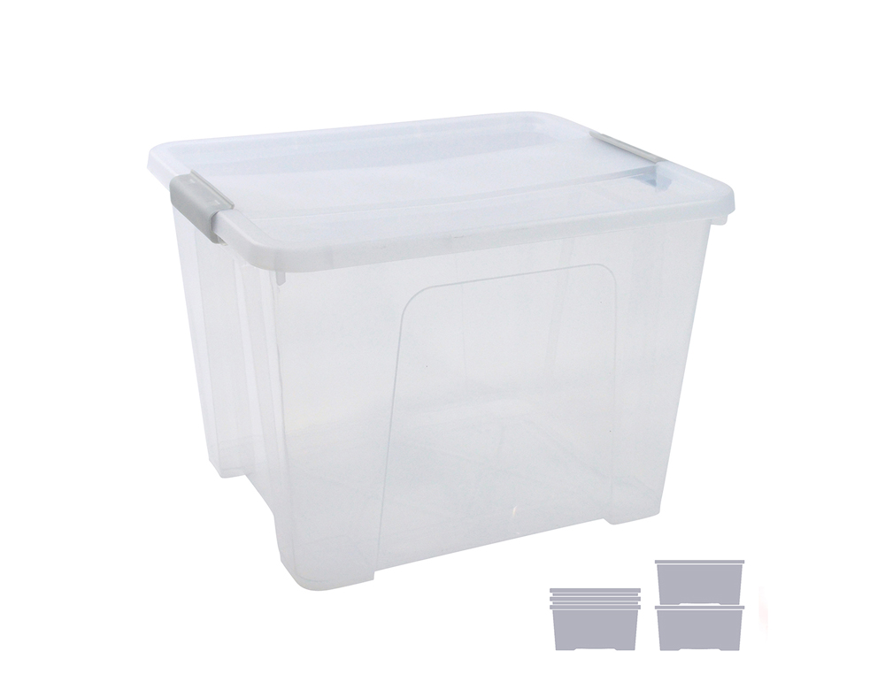 CAJA DE ALMACENAJE ARCHIVO 2000 POLIPROPILENO 32 LITROS APILABLE Y ENCAJABLE CON TAPA Y RUEDAS TRANSPARENTE