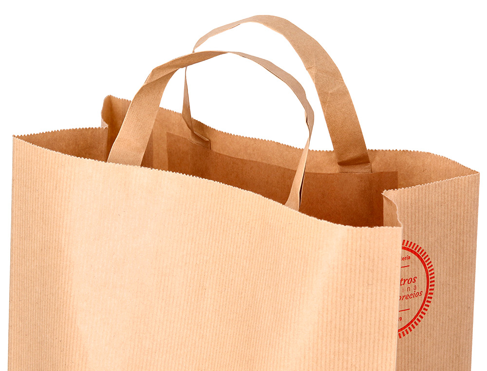 BOLSA KRAFT VERJURADO ASA PLANA CARLIN 32X12X41 CM 90 GR CAJA DE 250 UNIDADES
