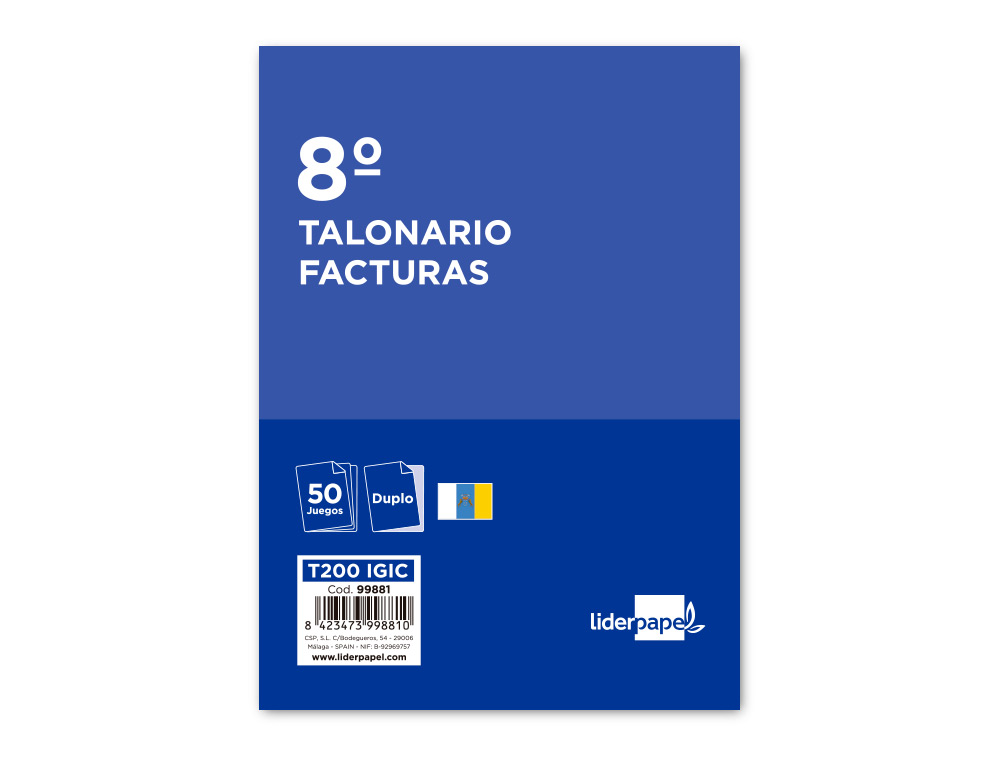 TALONARIO LIDERPAPEL FACTURAS 8 ORIGINAL Y COPIA T200 CON I.G.I.C