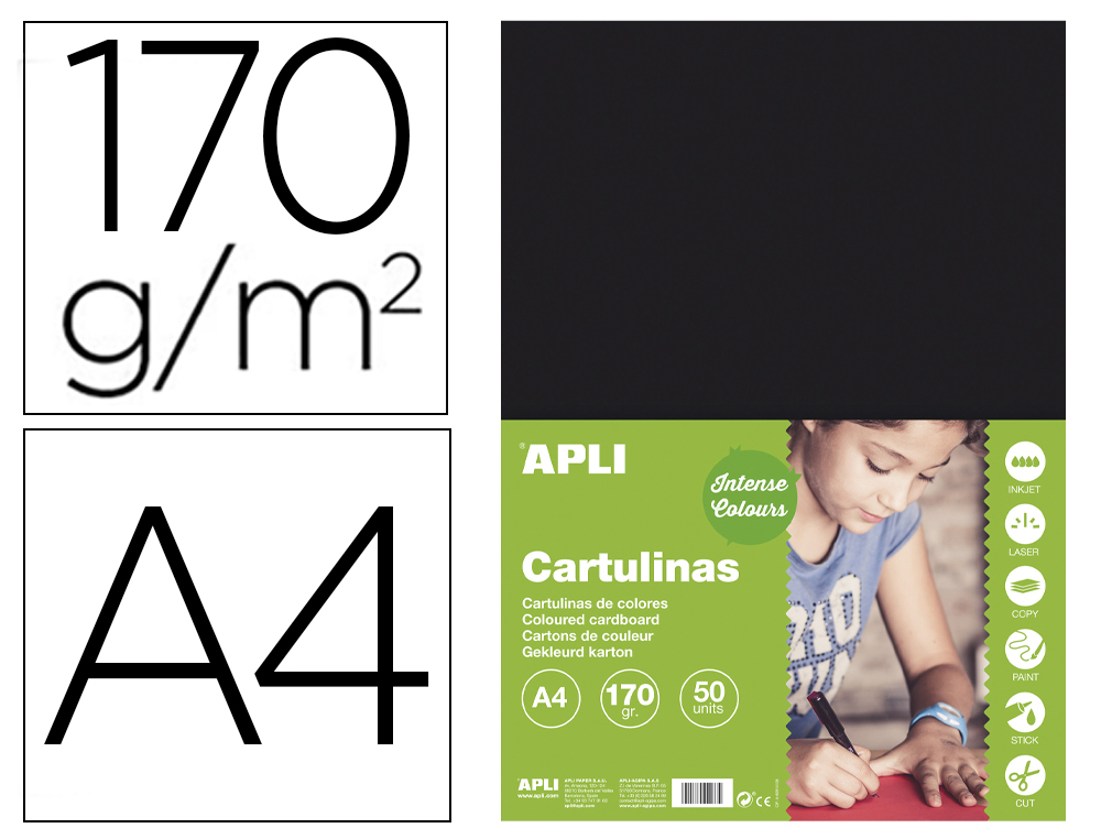 CARTULINA APLI DIN A4 170G/M2 NEGRO PAQUETE DE 50 HOJAS