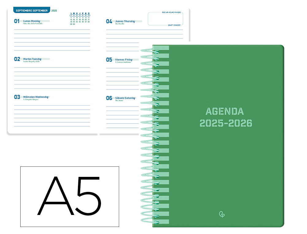 AGENDA ESCOLAR LIDERPAPEL 25-26 ESPIRAL CLASSIC VERDE SEMANA VISTA A5 BILINGE PAPEL FSC 70 GR
