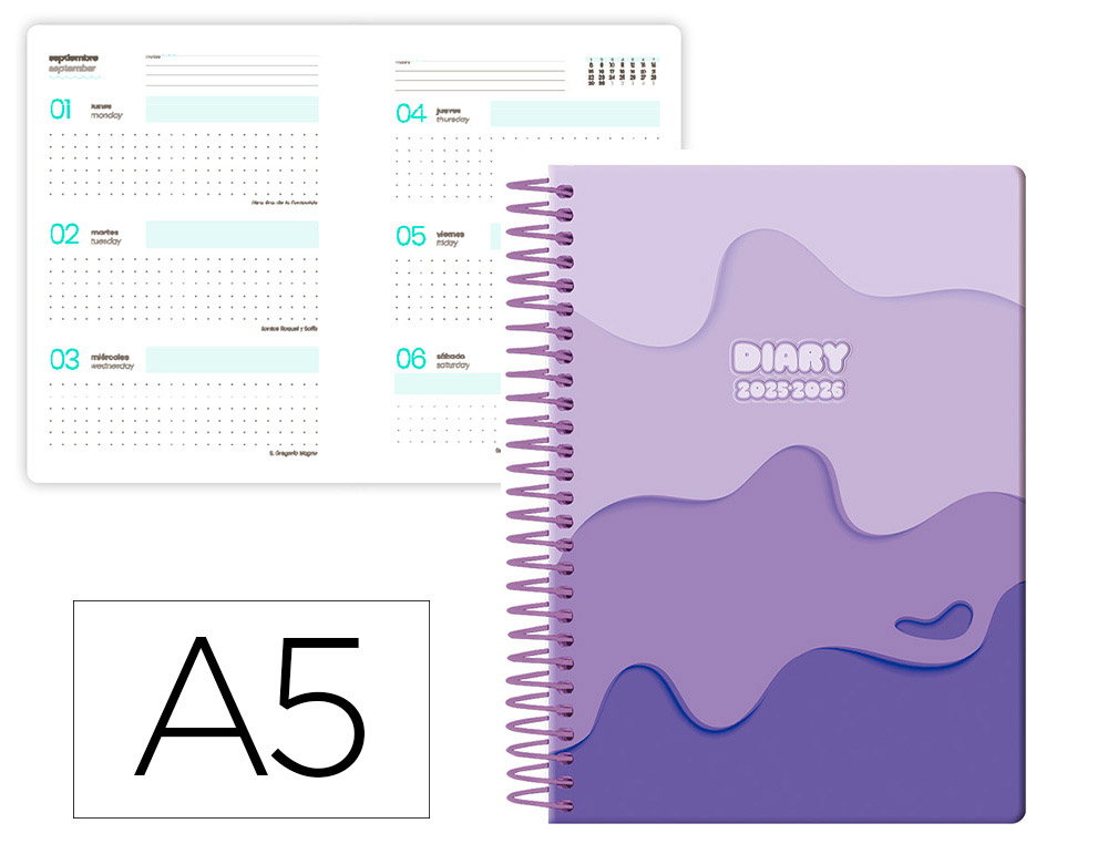 AGENDA ESCOLAR LIDERPAPEL 25-26 ESPIRAL MELTING MORADO SEMANA VISTA A5 BILINGE PAPEL FSC 80 GR