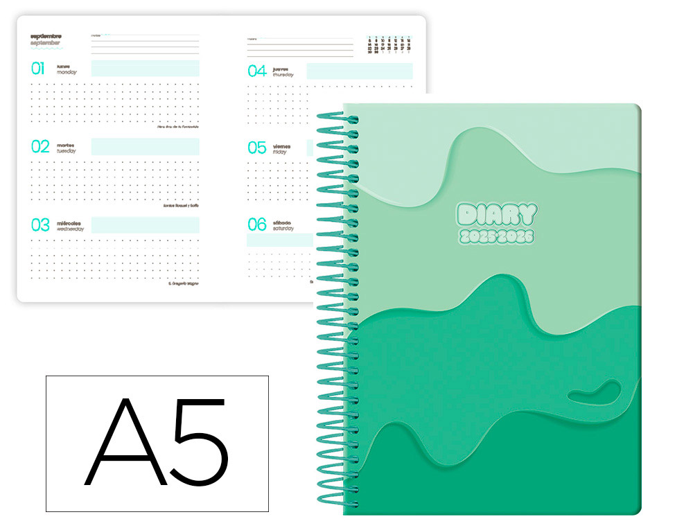 AGENDA ESCOLAR LIDERPAPEL 25-26 ESPIRAL MELTING VERDE SEMANA VISTA A5 BILINGE PAPEL FSC 80 GR