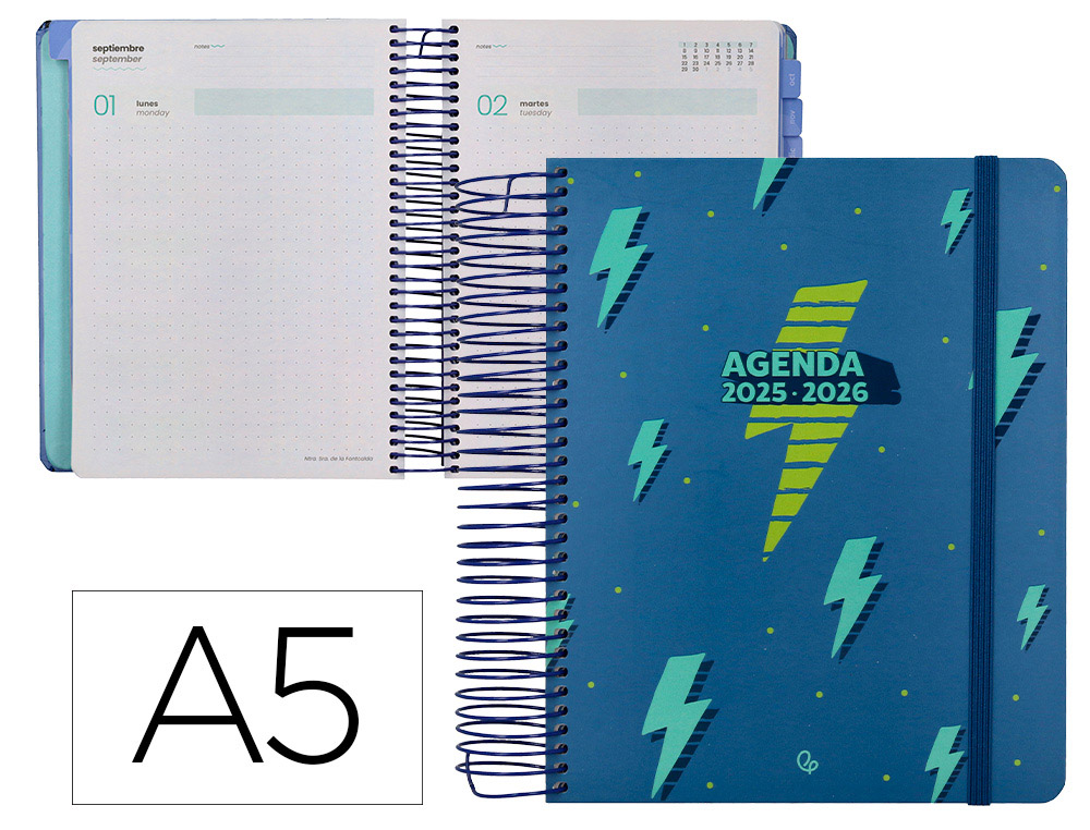 AGENDA ESCOLAR LIDERPAPEL 25-26 ESPIRAL PATTERNS RAYOS AZUL DIA PAGINA A5 BILINGE PAPEL FSC 80 GR