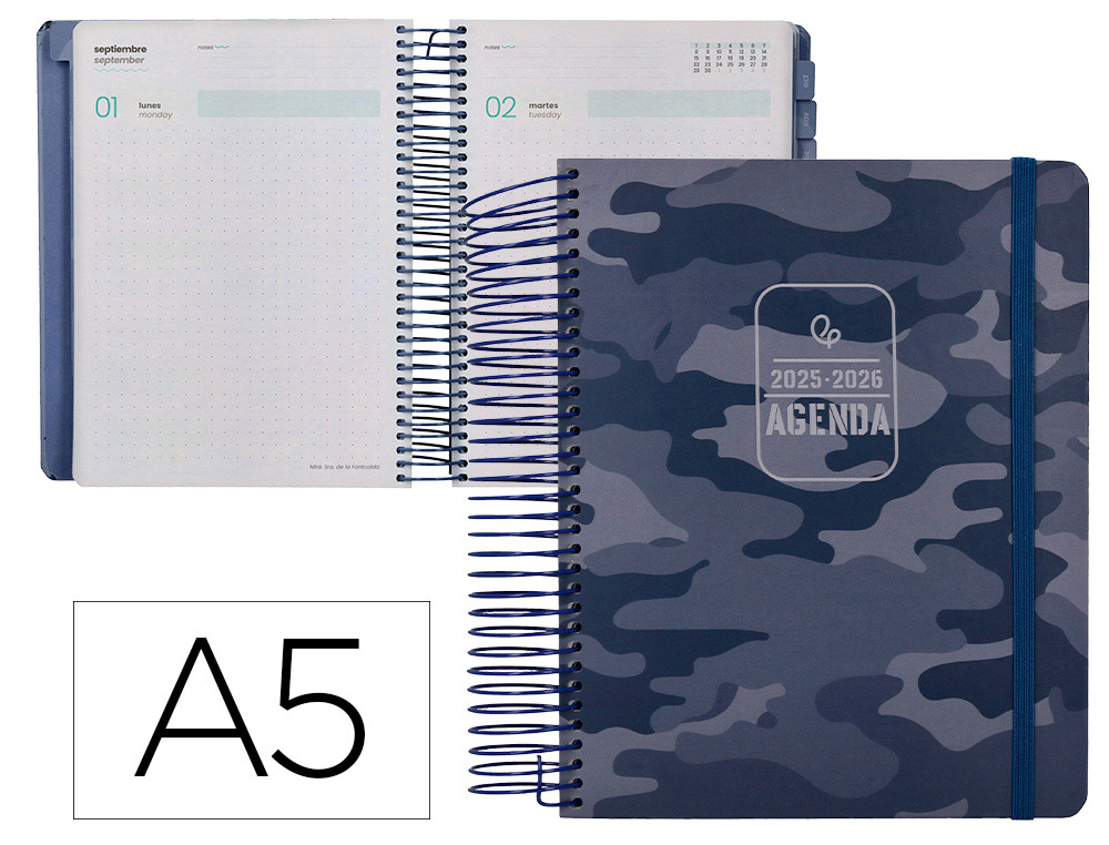 AGENDA ESCOLAR LIDERPAPEL 25-26 ESPIRAL PATTERNS MILITAR GRIS DIA PAGINA A5 BILINGE PAPEL FSC 80 GR