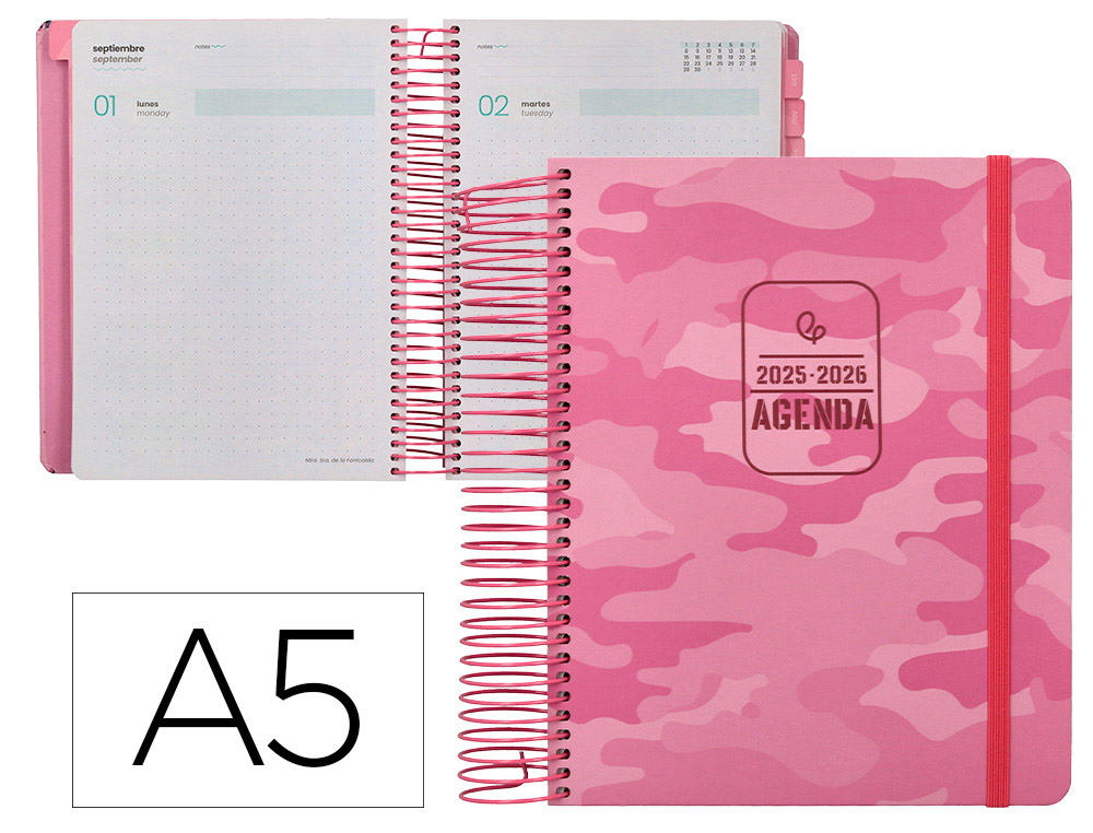 AGENDA ESCOLAR LIDERPAPEL 25-26 ESPIRAL PATTERNS MILITAR ROSA DIA PAGINA A5 BILINGE PAPEL FSC 80 GR