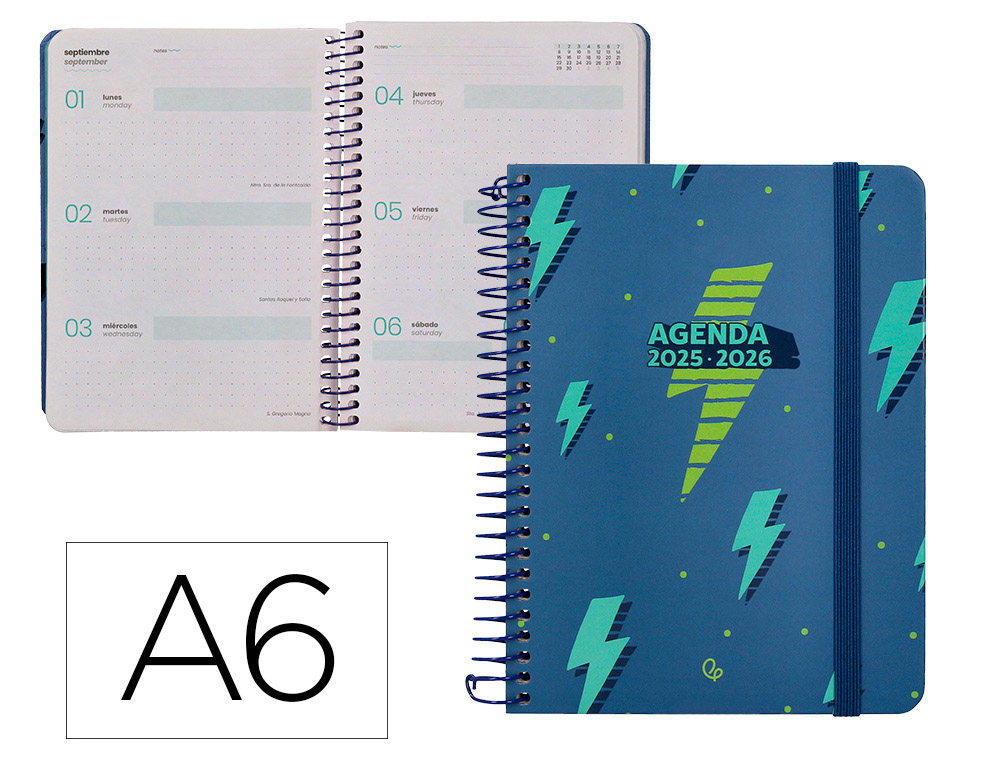 AGENDA ESCOLAR LIDERPAPEL 25-26 ESPIRAL PATTERNS RAYOS AZUL SEMANA VISTA A6 BILINGE PAPEL FSC 80 GR