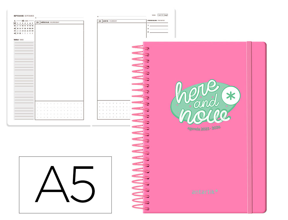 AGENDA ESCOLAR ANTARTIK 25-26 ESPIRAL HERE AND NOW ROSA DIA PAGINA A5 BILINGE PAPEL FSC 80 GR
