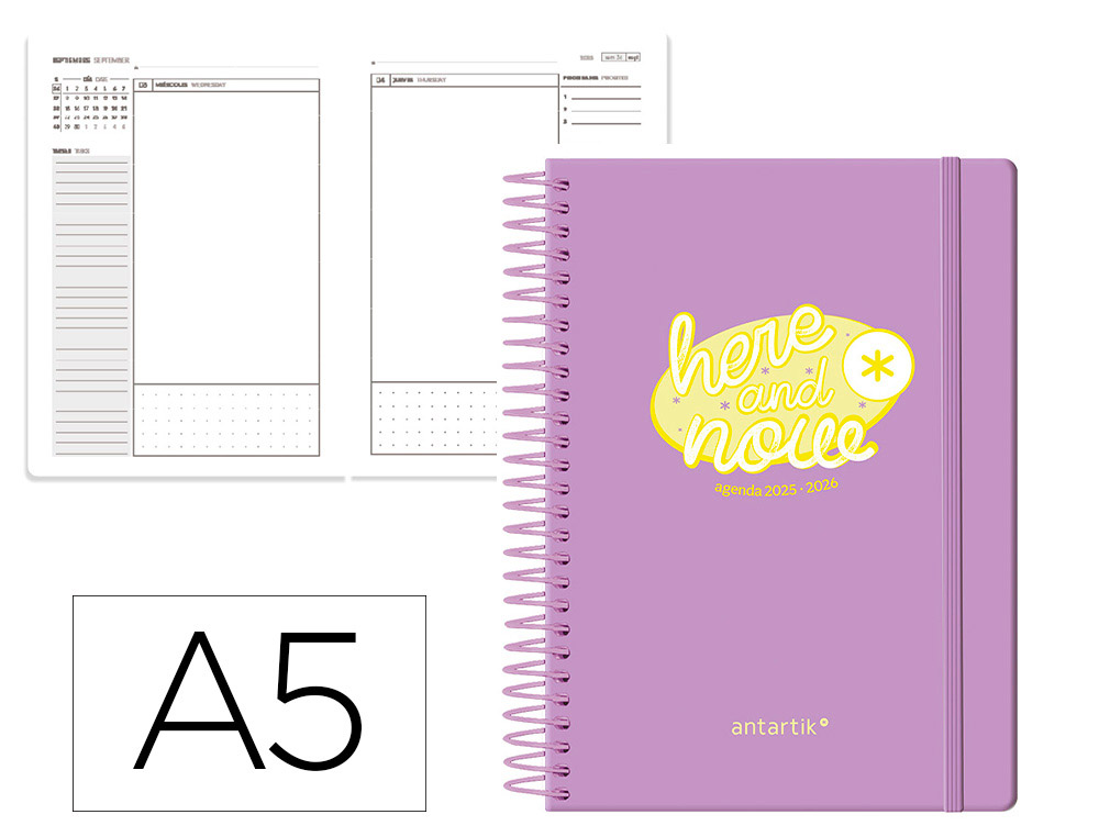 AGENDA ESCOLAR ANTARTIK 25-26 ESPIRAL HERE AND NOW MORADO DIA PAGINA A5 BILINGE PAPEL FSC 80 GR