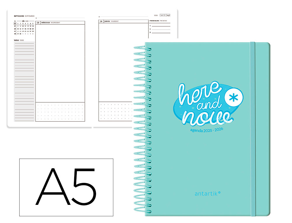 AGENDA ESCOLAR ANTARTIK 25-26 ESPIRAL HERE AND NOW TURQUESA DIA PAGINA A5 BILINGE PAPEL FSC 80 GR 80 GR