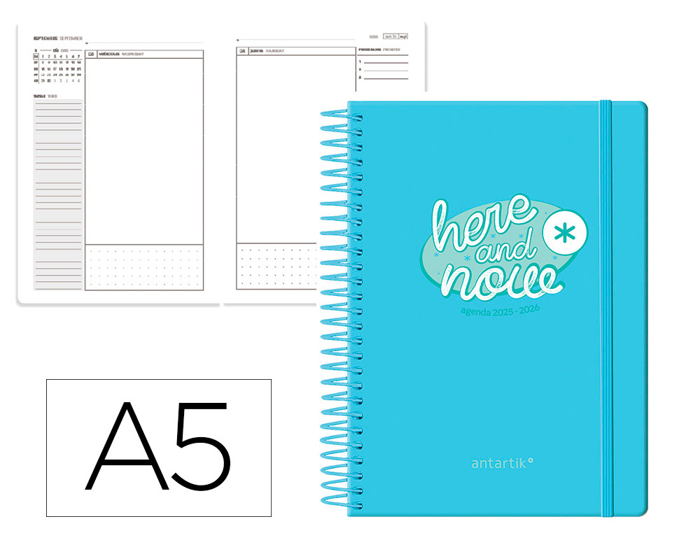 AGENDA ESCOLAR ANTARTIK 25-26 ESPIRAL HERE AND NOW AZUL DIA PAGINA A5 BILINGE PAPEL FSC 80 GR 80 GR