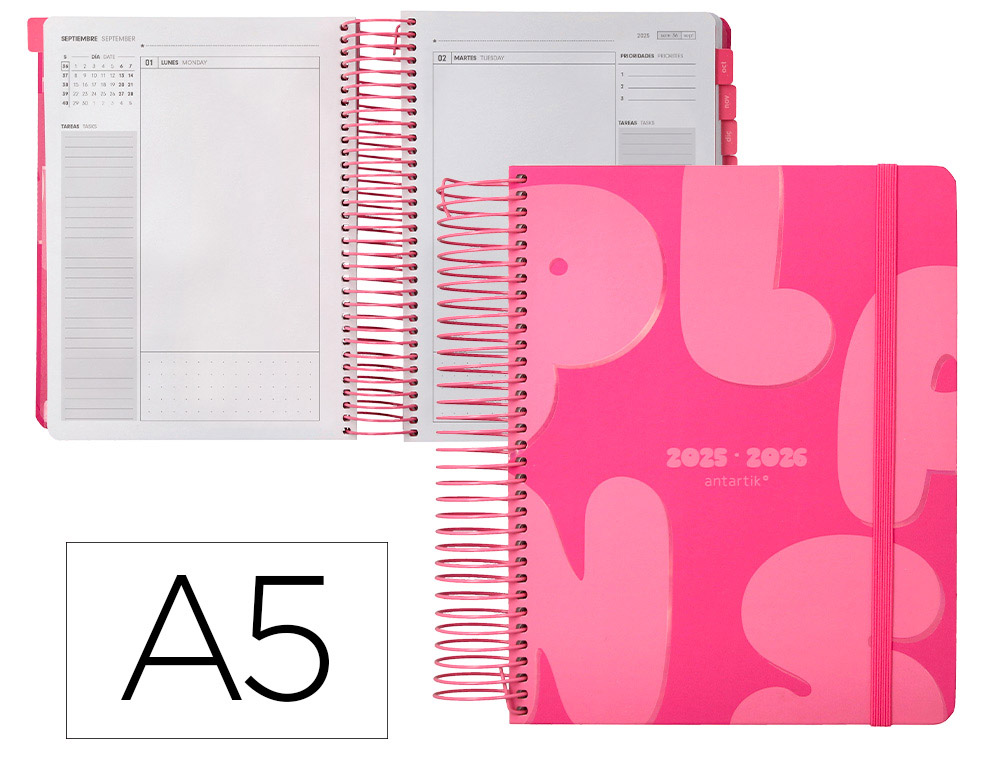 AGENDA ESCOLAR ANTARTIK 25-26 ESPIRAL PLANS ROSA FUCSIA DIA PAGINA A5 BILINGE PAPEL FSC 80 GR