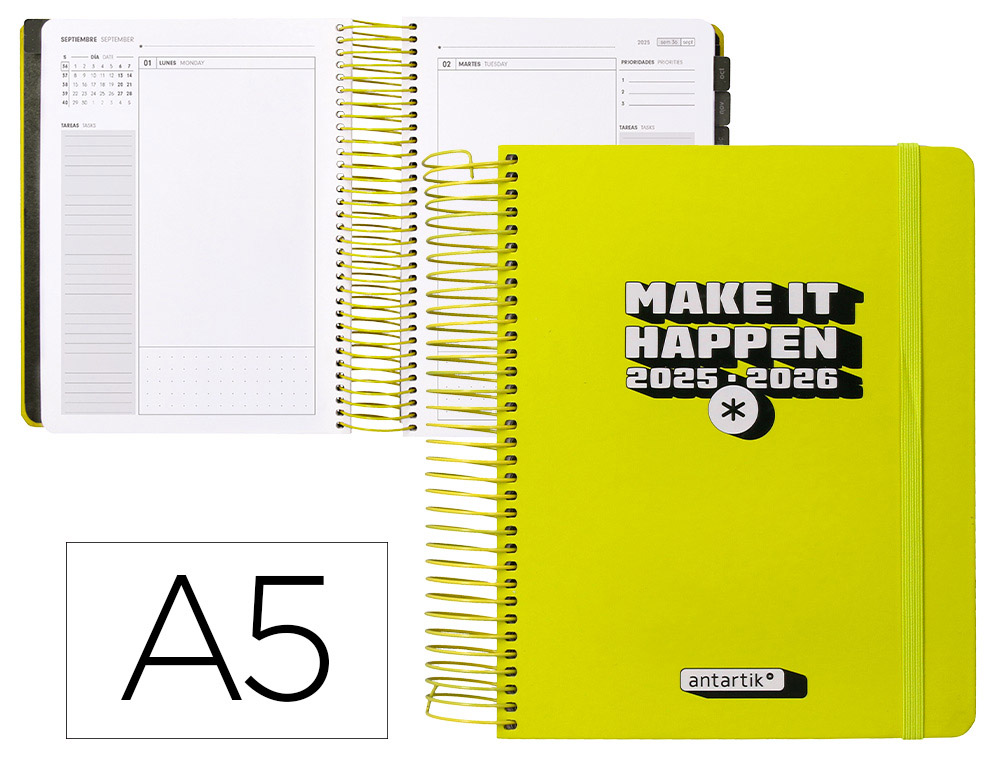 AGENDA ESCOLAR ANTARTIK 25-26 ESPIRAL NEON AMARILLO DIA PAGINA A5 BILINGE PAPEL FSC 80 GR