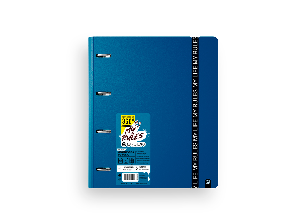 CARPETA CARCHIVO MY RULES 4 ANILLAS 35 MM POLIPROPILENO FOAM 360 DIN A4 RECAMBIO 100 H CON GOMILLA COLOR AZUL