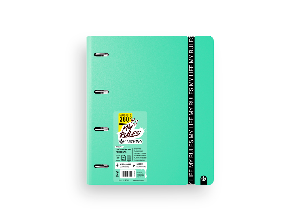 CARPETA CARCHIVO MY RULES 4 ANILLAS 35 MM POLIPROPILENO FOAM 360 DIN A4 RECAMBIO 100 H CON GOMILLA COLOR VERDE