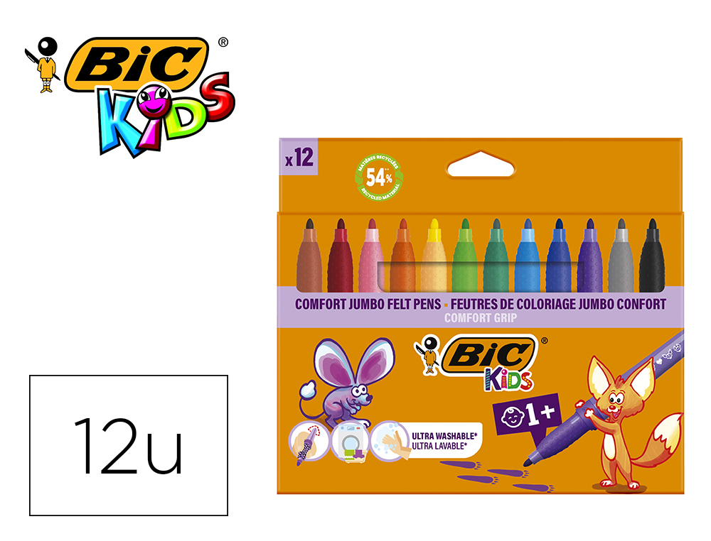 ROTULADOR BIC KIDS COMFORT JUMBO LAVABLE ESTUCHE DE 12 UNIDADES COLORES SURTIDOS