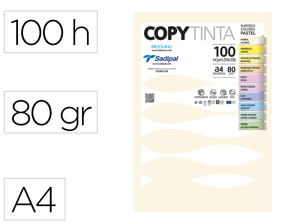 PAPEL COLOR FABRIANO DIN A4 80 GR 10 COLORES PASTEL SURTIDOS PAQUETE DE 100 HOJAS 10XCOLOR