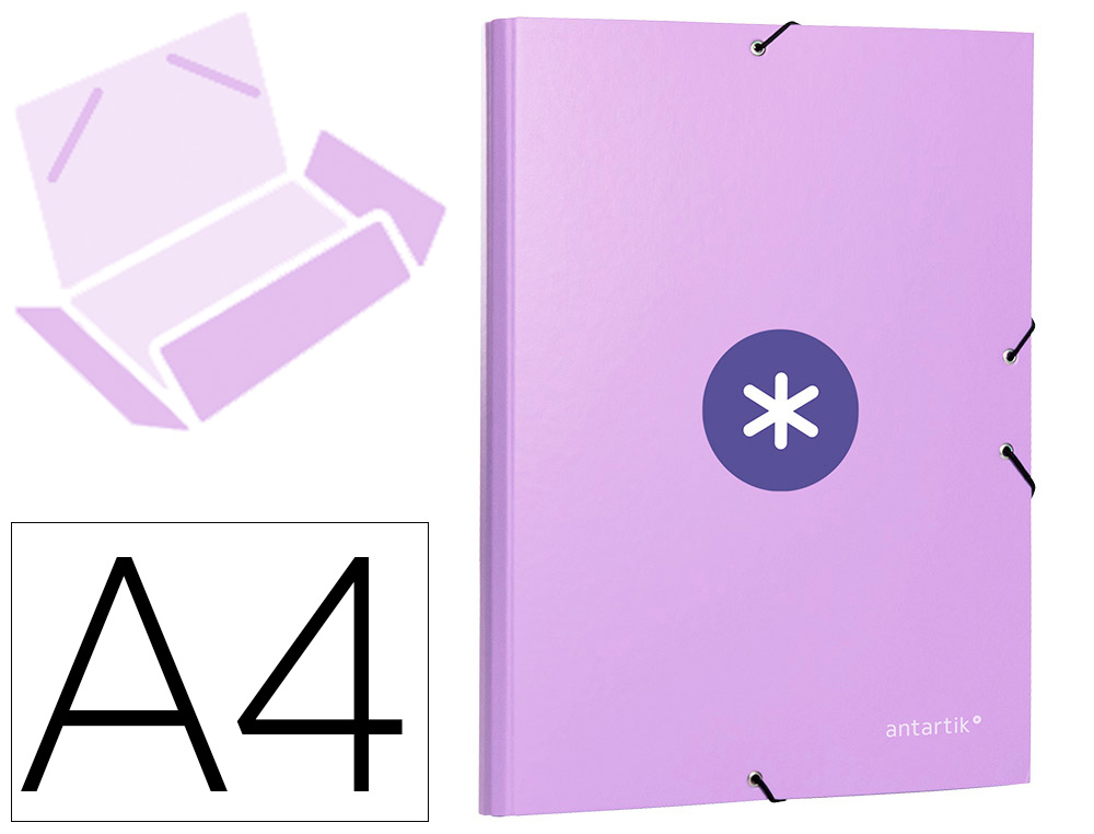CARPETA ANTARTIK GOMAS A4 3 SOLAPAS CARTON FORRADO COLOR LAVANDA